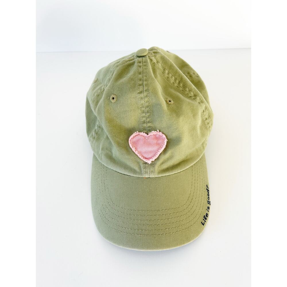 Life is Good Green Pink Heart Embroidered Ball Cap 100% Cotton